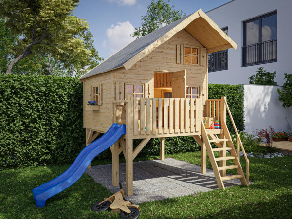 Cabane de jardin sur pilotis Tom XL 15 mm naturel incl. véranda, Échasses et toboggan bleu