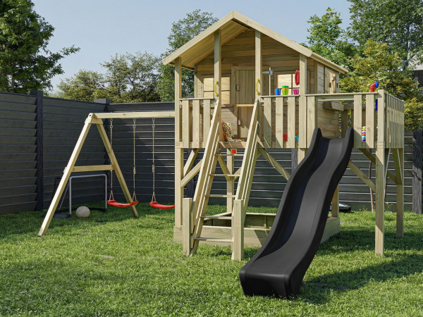 Cabane sur pilotis en bois autoclave Big House XL avec portique double et toboggan gris