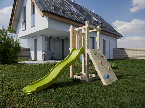 Aire de jeu Junior Two en bois autoclave avec toboggan vert