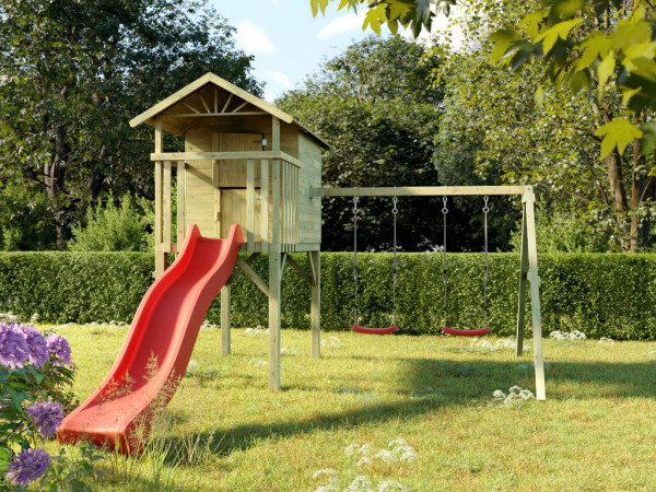 Cabane enfants sur pilotis Tree Hut KDI avec double balançoire et toboggan rouge