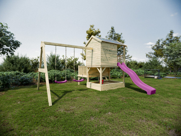 Maisonnette sur pilotis Amsterdam KDI avec balançoire double et toboggan rose