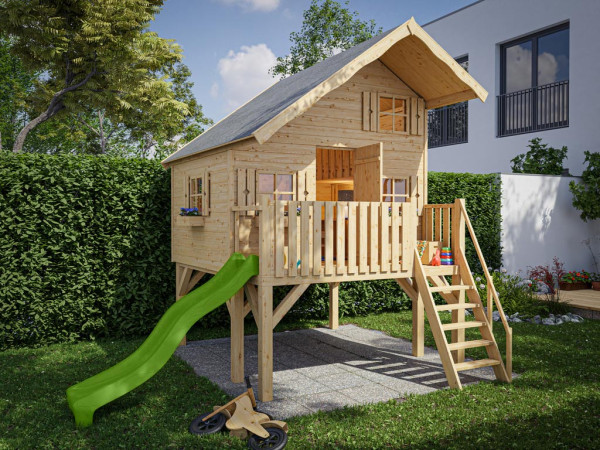 Cabane de jardin sur pilotis Tom XL 15 mm naturel incl. véranda, Échasses et toboggan vert