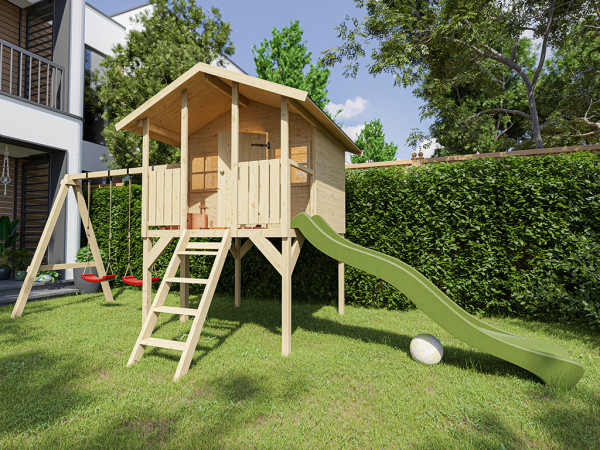 Cabane sur pilotis en bois autoclave Toby avec portique double et toboggan vert