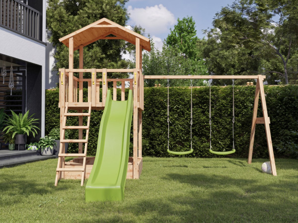 Aire de jeux Tilly Premium en bois de mélèze avec portique double balançoire, toboggan vert et siège