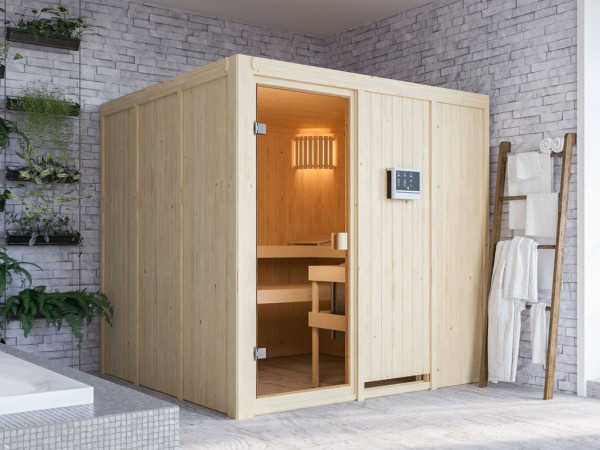 Sauna à éléments 68 mm Celine 4 SPARSET avec poêle bio combiné 9 kW et commande externe