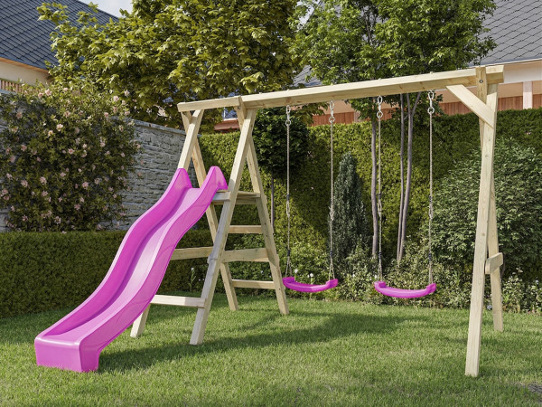 Portique double avec plateforme Cosy Double en bois autoclave avec toboggan rose et 2 balançoires ro