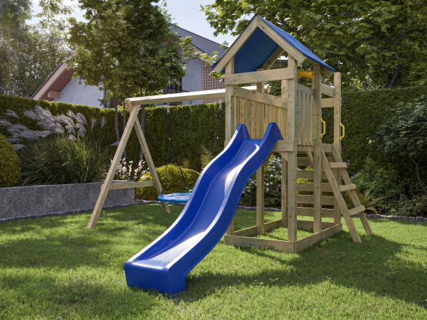 Aire de jeux en bois autoclave Speedy avec portique double, toboggan bleu et balançoire nid