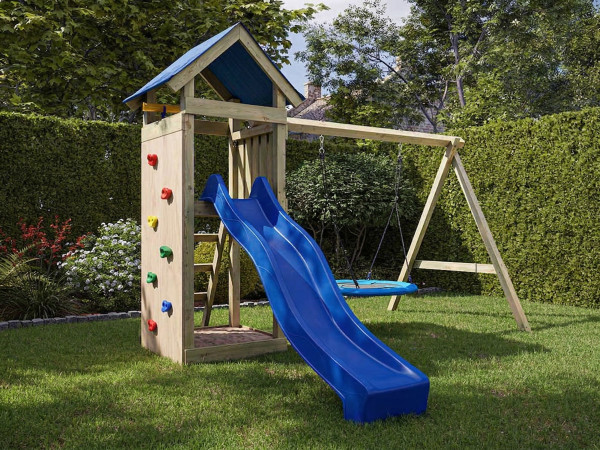 Aire de jeux Easy en bois autoclave avec portique double, toboggan bleu et balançoire nid