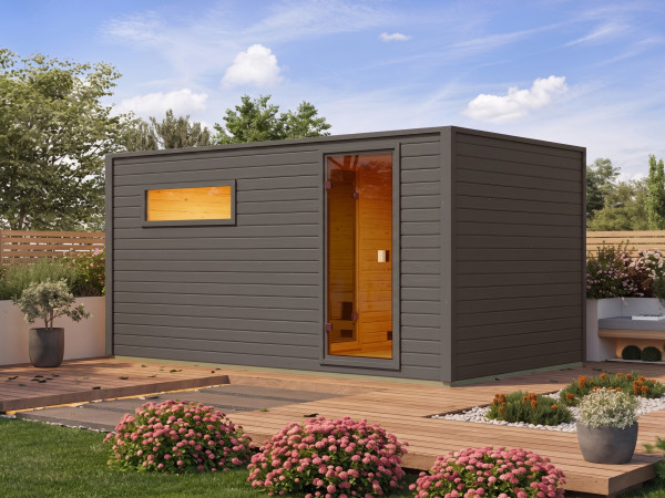 Sauna extérieur Lenchen 6 terragrau avec vestiaire et porte tout en verre bronzé