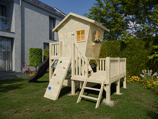 Cabane sur pilotis en bois autoclave Big Birdy XXL avec toboggan gris