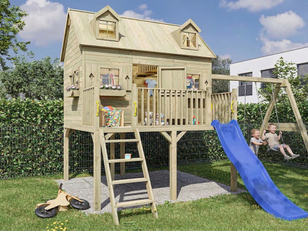 Cabane sur pilotis en bois autoclave “Madrid” avec toboggan bleu