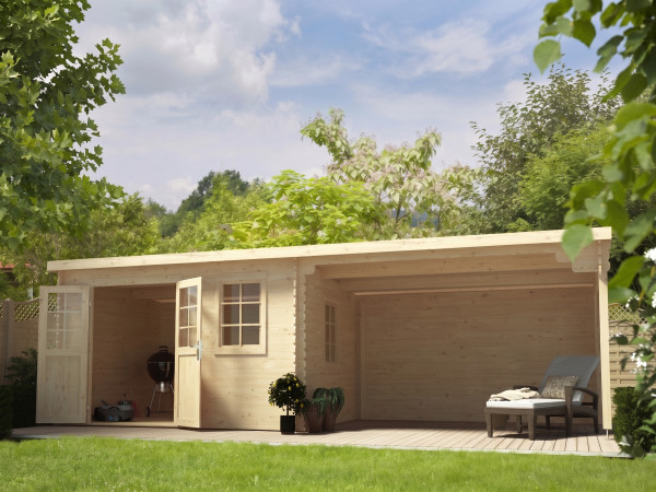 Abri de jardin en bois CA2988 28 mm naturel avec auvent de 4 m