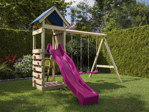 Aire de jeux Easy en bois autoclave avec portique double, toboggan rose et sièges roses