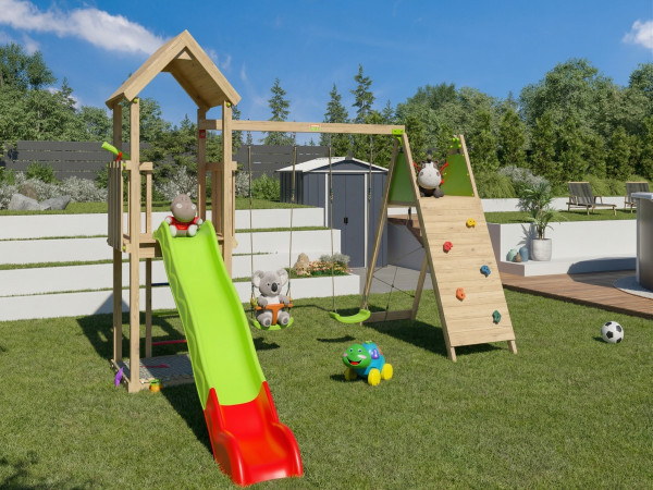 Tour de jeu Malou avec portique. 2 balançoires, plateforme d’escalade à toboggan vert-rouge
