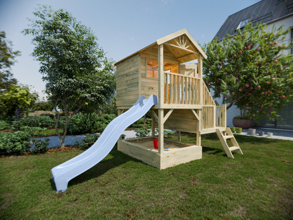 Maison sur pilotis Amsterdam KDI avec toboggan, bleu pastel