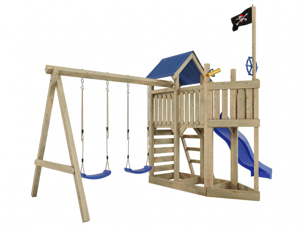 Aire de jeu Pirate Captain Snappy en bois autoclave avec portique double, toboggan bleu et sièges bl