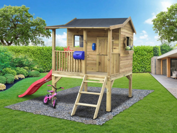 Cabane de jardin sur pilotis Saloon XL KDI + toboggan rouge