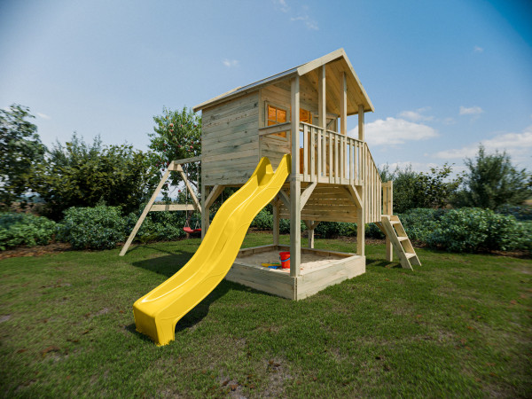 Maisonnette sur pilotis Big House L avec bac à sable (KDI), balançoire double et toboggan (Jaune)