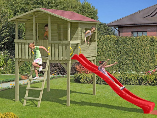 Cabane sur pilotis en bois autoclave avec toboggan rouge “Leon”