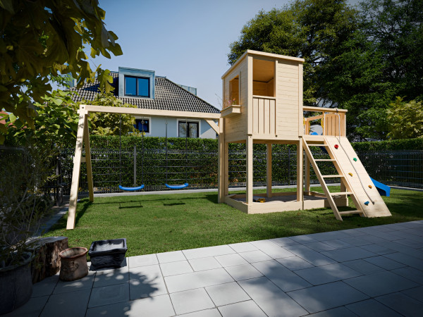 Cabane sur pilotis Carl brut avec portique double et toboggan bleu.