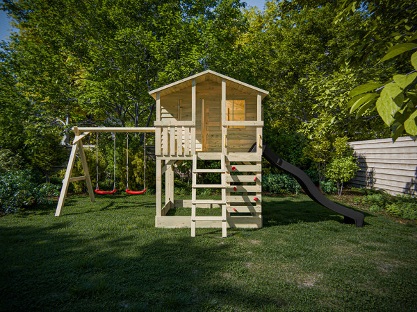 Cabane sur pilotis en bois autoclave Henry avec portique double et toboggan gris