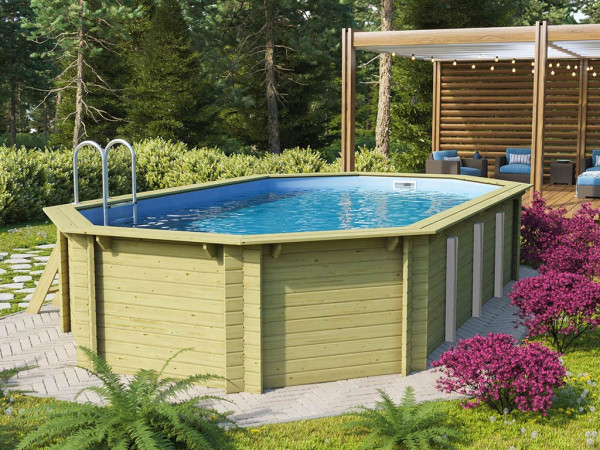 Illustration montrant une piscine en bois avec skimmer (disponible en option numéro d'article L7900612)