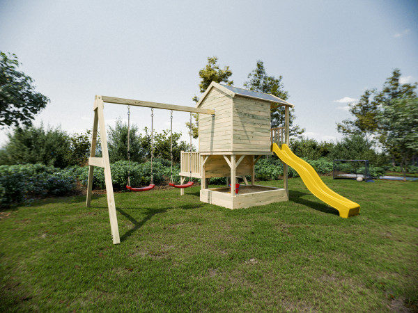 Maisonnette sur pilotis Amsterdam KDI avec balançoire double et toboggan, jaune