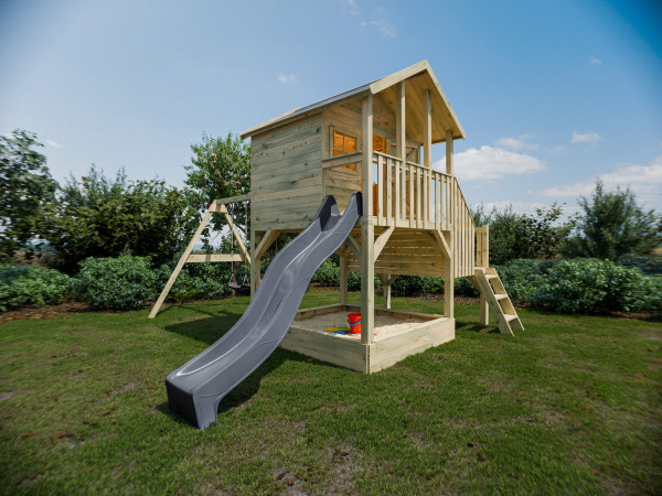 Maisonnette sur pilotis Big House L avec bac à sable (KDI), balançoire double et toboggan (gris)