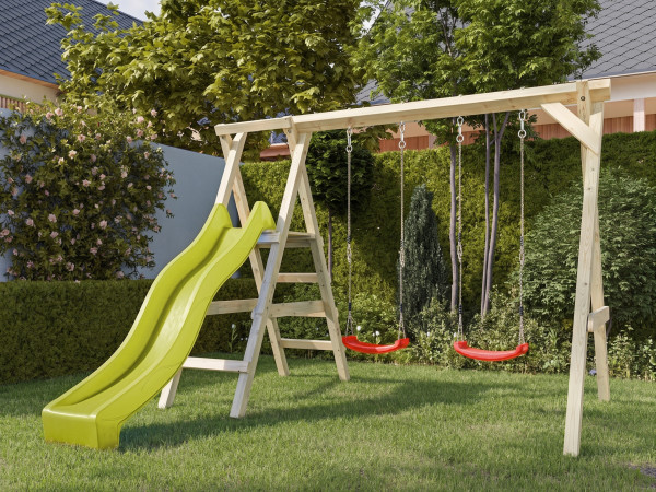 Portique double avec plateforme Cosy Double en bois autoclave avec toboggan jaune et 2 balançoires r