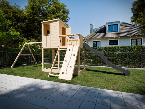 Cabane sur pilotis Carl en bois brut avec portique double et toboggan anthracite