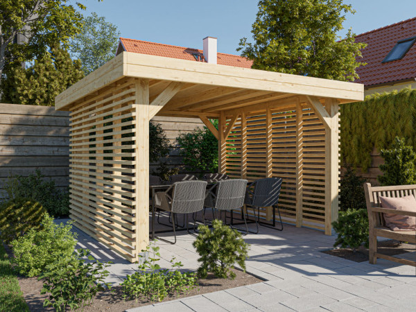 Pergola tonnelle en épicéa DICE ouverte à l'arrière