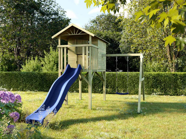 Cabane enfants sur pilotis Tree Hut KDI avec balançoire individuelle et toboggan bleu