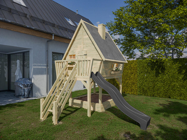 Cabane sur pilotis en bois autoclave Clubhouse avec toboggan gris