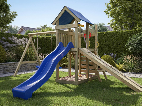 Aire de jeu Hefty en bois autoclave avec portique, 2 balançoires, toboggan bleu + sièges bleus