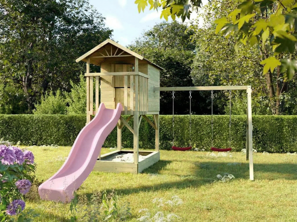 Cabane enfants sur pilotis Tree Hut avec bac à sable traité par autoclave avec balançoire double et
