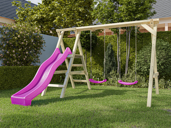 Portique double avec plateforme Cosy Double en bois autoclave avec toboggan rose et 2 balançoires ro