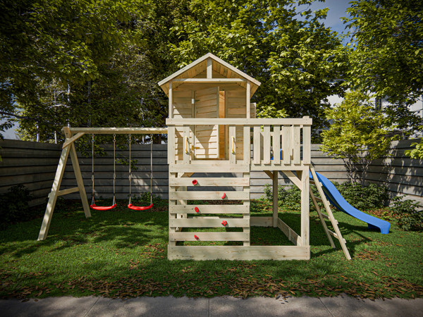 Cabane sur pilotis en bois autoclave Noah avec portique double et toboggan bleu