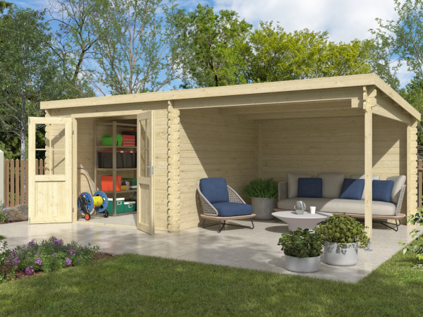 Abri de jardin en bois Orlando Exklusiv 28 mm naturel avec auvent de 3 m