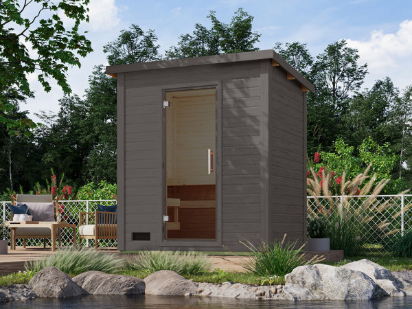 Maison de sauna Lene 1, 38 mm, Terragrau avec porte vitrée