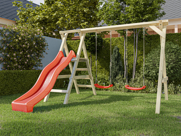 Portique double avec plateforme Cosy Double en bois autoclave avec toboggan rouge et 2 balançoires r