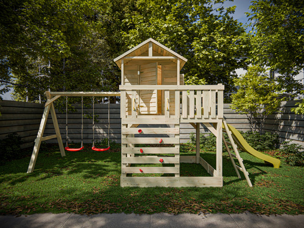 Cabane sur pilotis en bois autoclave Noah avec portique double et toboggan jaune