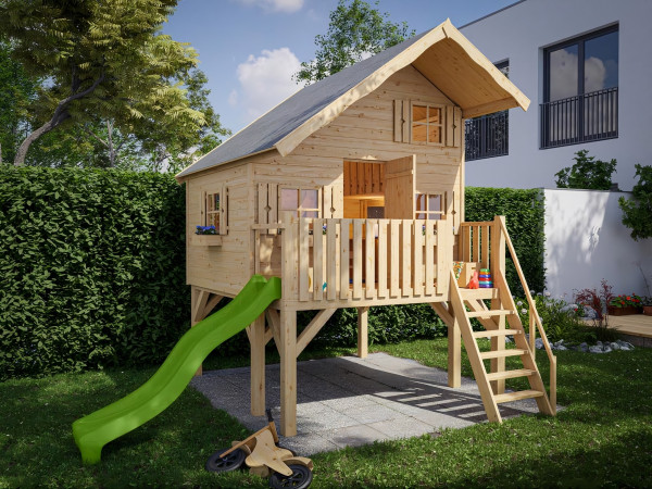 Cabane de jardin sur pilotis Tom XL 15 mm naturel incl. véranda, Échasses et toboggan vert