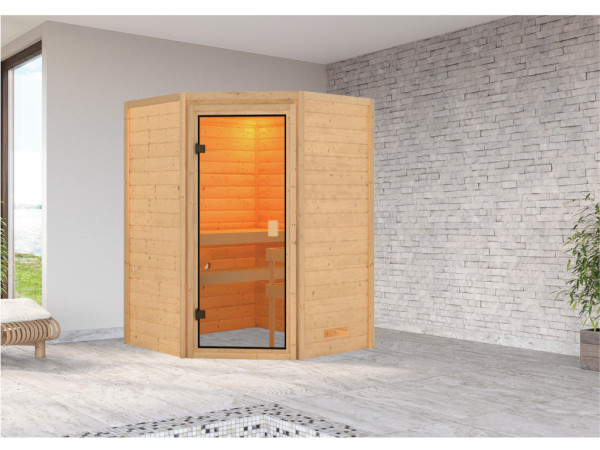 Sauna en bois massif 38 mm Stefanie SPARSET avec poêle bio combiné 4,5 kW et commande externe.