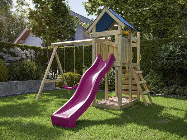 Aire de jeux Speedy en bois autoclave avec portique double et toboggan rose + sièges roses