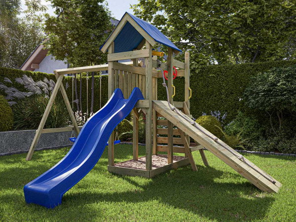 Aire de jeu Hefty en bois autoclave avec portique, 2 balançoires, toboggan bleu + sièges bleus