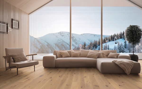 Parquet chêne à nœuds, aspect brut, lame large, brossé