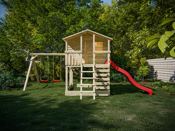 Cabane sur pilotis en bois autoclave Henry avec portique double et toboggan rouge