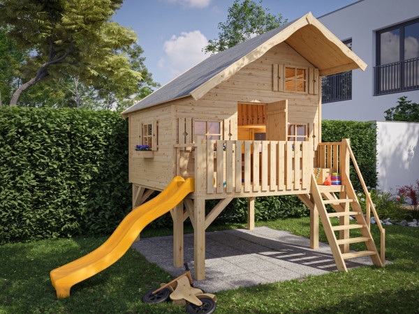 Cabane de jardin sur pilotis Tom XL 15 mm naturel incl. véranda, Échasses et toboggan jaune