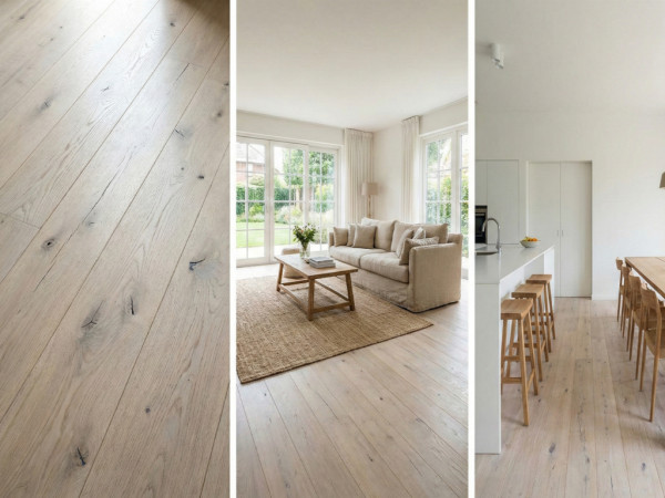 Lame de plancher en bois massif chêne Pinhole RM, poncée, huilée Rubio – Blanc