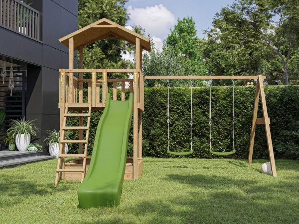 Aire de jeux Tilly Classic en bois autoclaveavec portique double, toboggan vert et sièges verts